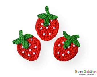 Erdbeeren Erdbeere Häkelapplikation Applikation Aufnäher gehäkelt Obst Früchte Erdbeerapplikation