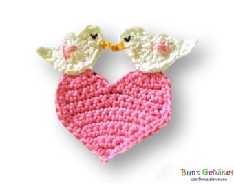 Heart with little bird Crochet application Application Patch Crocheted Heart application