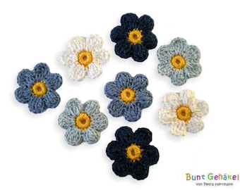 Virkade blommor 4 cm, blomvirkade applikationer, applikationslappar, virkbild