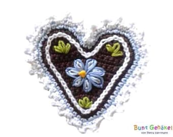 chrocheted application heart, gingerbread heart, applique, patch,