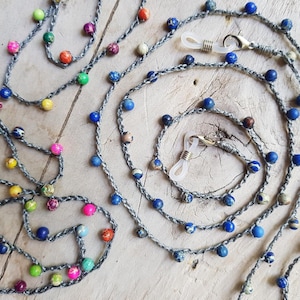 Glasses cord crocheted with blue or multicolored Regalite beads