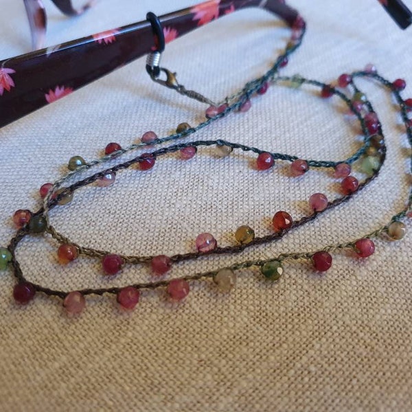 Cordon à lunettes crocheté de perles d'agate en camaïeu Rose/Vert