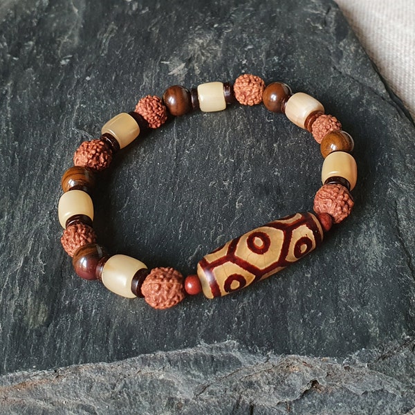 Bracelet tibétain stretch DZI Agate quartz tigre brun ocre Rudrashka bodhi Coco naturel création mixte