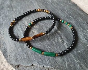 Men's bracelet 4mm matt onyx tiger eye or natural malachite gold plated hematite gemstone round tubes black green brown gold steel stretch gold