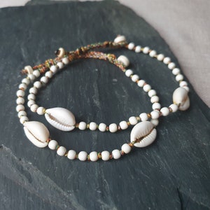 Cowrie shell and white turquoise 4mm adjustable anklet with sliding lamé cord