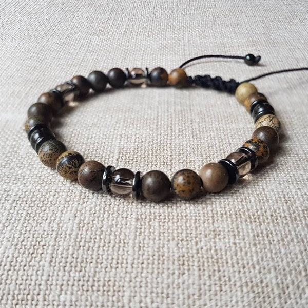 Bracciale Uomo misto 6mm Dendritic Jasper Quarzo Fumé Ematite scorrevole per lei o Lui shampoo Marrone Nero gioiello misto