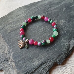 Ruby in zoisite Quartz Corundum Jade and Aventurine stretch bracelet beads 6mm and 8mm Elephant charm composition pink purple and green