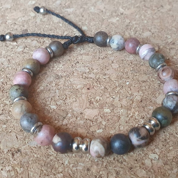 Bracelet Rhodonite mate 8 mm coulissant Homme Mixte type shamballa Noir Gris Rose accessoires Acier bohème sobre et chic