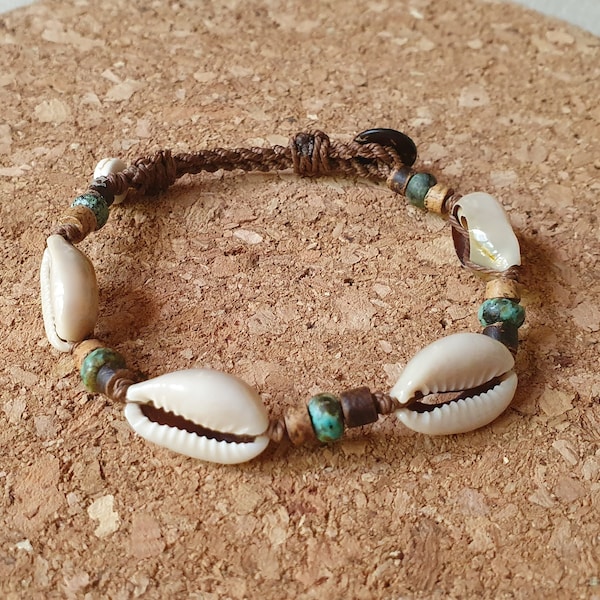 Bracelet de cauris coquille turquoise africaine bois de coco mixte coulissant réglable épais boutonné perles coquillages et rondelles