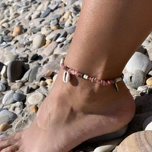 Anklet rhodochrosite shell nugget beads bracelet anklet sliding cowrie shell white disc heishi white turquoise Surf pink