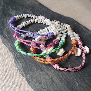 Surf and Shell Anklet knotted nuggets of mother-of-pearl white shell anklet sliding adjustment paracord cord wide choice of printed or plain