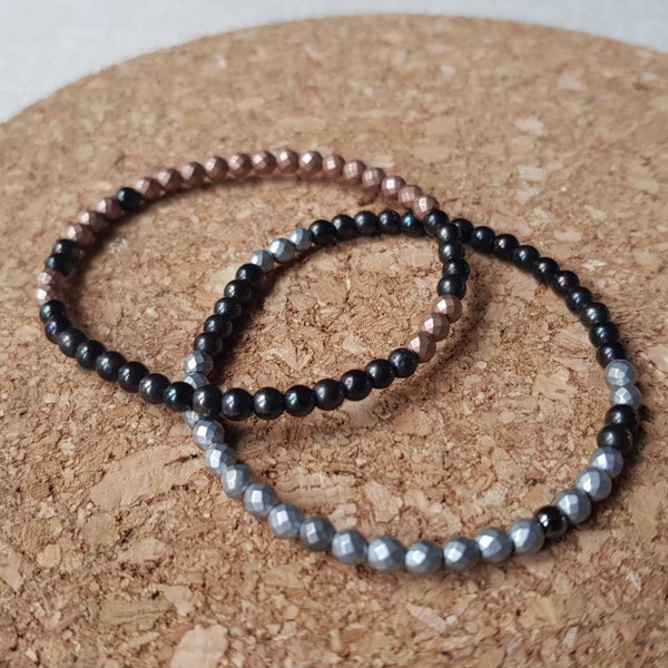 Bracelet Hématites 4mm "tout hématite",  fin noir et plaqué mat argent ou mat or rose, perles lisses et facettes, homme femme Solo Duo