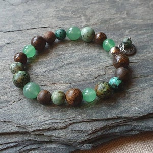 African Turquoise Bracelet Bronzite Green Aventurine composition Brown green Stretch choice with or without charms anahata steel or alloys