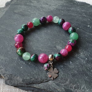 Ruby in zoisite Quartz Corundum Aventurine stretch bracelet beads 8mm and 10mm steel charm clover luck composition pink purple green