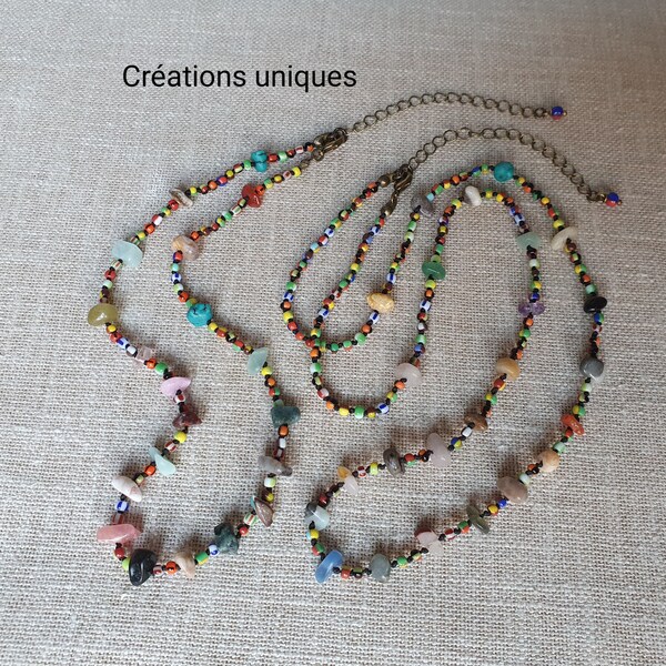 Collier pépites gemmes et mini rocailles artisanales perles nouées fermoir et extension création UNIQUE fine légère multicolore