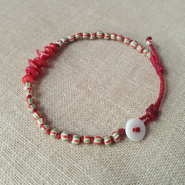 Coral anklet or Keshis handmade seed beads Modular anklet sliding cord red olive green GREEN bronze RED mother-of-pearl button macrame