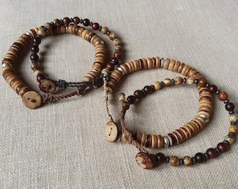 Coco Jasper Sandalwood Solo or Duo 6/8mm Adjustable Bracelet, Safe Alloy Silver Hematite Wood Boho Style Sliding Buttoned Men Women Unisex