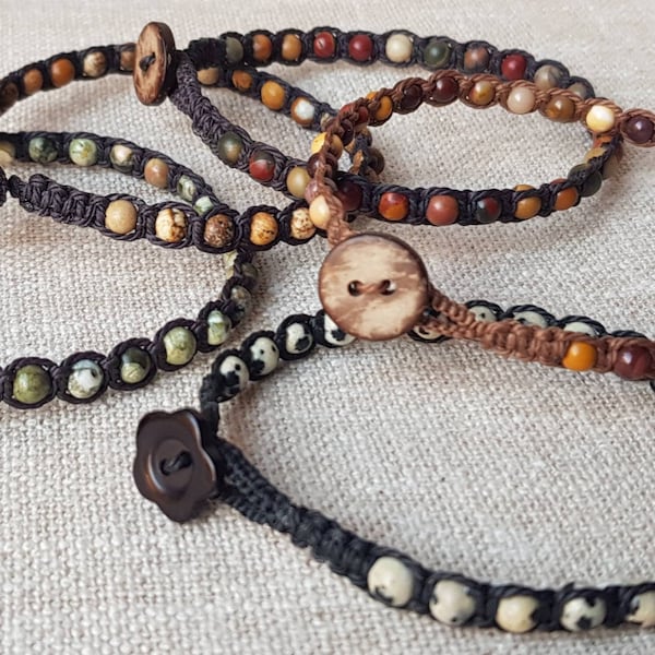 Bracelet Jasper 4 mm jewel shamballa Picasso Dalmatian Mokaïte Image Rhyolite Mixed macramé button boho chic Man Woman multicolored