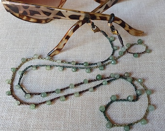 Groene Aventurijn brillenkoord gehaakte ketting 4 mm facetkralen Meerstrengige gevlochten matte nylon ketting