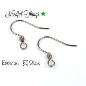 May include: Two silver earring hooks with a coiled wire detail.  The text "Edelstahl 50 Stück" is visible below the hooks.
