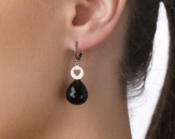 Kolczyki wiszące, okrągłe kolczyki z serduszkiem, kółko, 8 mm – matowa stal nierdzewna, czarny onyks, kształt łzy, kolczyki hipoalergiczne dla kobiet