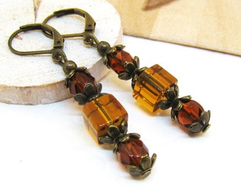 Earrings DREIKLANG brown honey bronze vintage amber nostalgic romantic boho hippie delicate filigree glass beads
