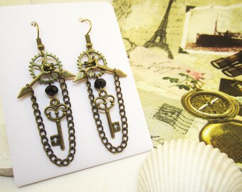 Earrings STEAMPUNK bronze black gears gears key clock hands clock chain glass bead gothic victorian glass bead