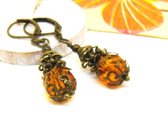 AnTIK orange bronze earrings, vintage romantic playful nostalgic glass bead glass cut bead