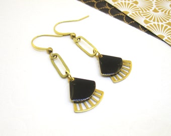 Earrings ART DECO brass black gold 20s vintage Miss Fisher fan enamel geometric Gatsby triangle enamel