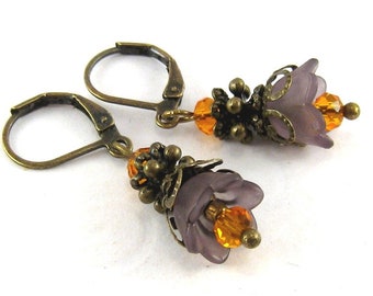 Ohrringe Blüte orange, grau bronze anthrazit vintage Romantik romantisch Blütenohrringe verspielt Blütenschmuck Blume