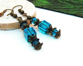 Earrings DREIKLANG turquoise blue blue bronze vintage nostalgic romantic boho hippie delicate filigree glass beads narrow long