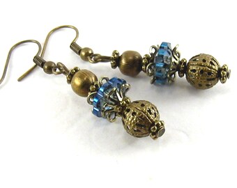 Earrings MAROKKO bronze blue romantic nostalgic Orient Indian oriental playful mid-blue vintage India boho hippie antique style