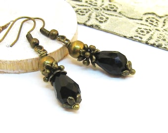 Earrings NIGHT black bronze romantic vintage nostalgic drops tears centenary antique gothic glass beads glass drops