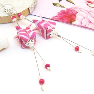 Ohrringe ORIGAMI Tulpe rosa weiß gestreift silber pink bonbonrosa Papier Upcycling Recycling Lilie Papierohrringe Papierschmuck japanisch