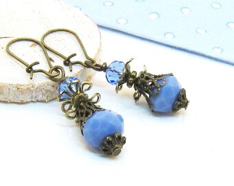 Earrings ANTIK blue bronze light blue oriental vintage nostalgic romantic boho hippie delicate filigree glass beads sky blue light