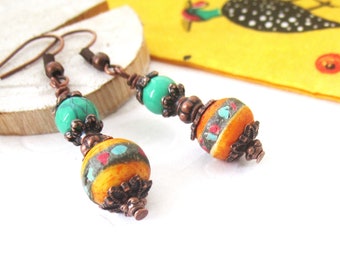 Earrings NEPAL copper turquoise green orange amber spiritual Ethno Hippie Boho India Tibet ethnic inlay emerald green