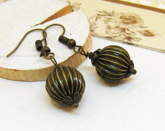 Earrings BALLOON bronze vintage ball grooved beads ball beads romantic nostalgic oriental Indian boho hippie grooves