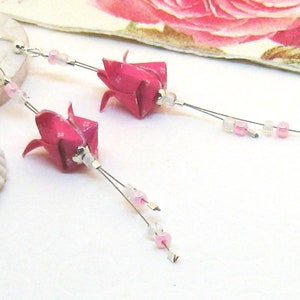 Ohrringe Origami pink, Tulpe Lilie rosa knallpink silber Papier Upcycling Recycling Papierohrringe Papierschmuck japanische Faltkunst Japan