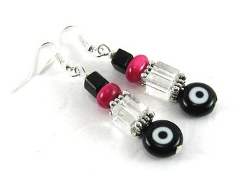 Earrings MAGISCHES AUGE BLACK Pink white silver eye Beads