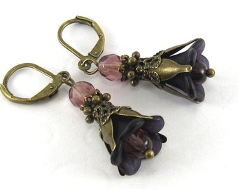 Earrings DELICATE FLOWER black violet bronze flower earrings flower decoration romantic nostalgic vintage gothic