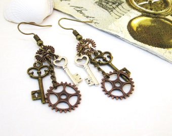 Earrings STEAMPUNK bronze copper silver wheels cogs key chain gothic victorian multicolor mix clockwork