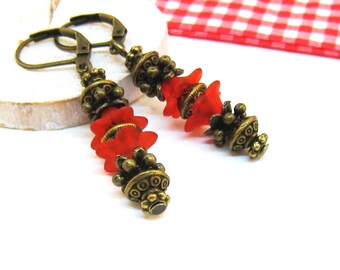 Earrings PAGODE red bronze vintage romantic nostalgic narrow long flowers playful antique retro antique style