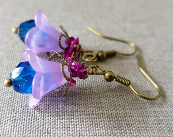 Flower earrings with blue Czech glass beads, plastic and brass colour elements, unique