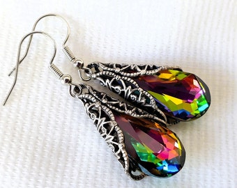 Iridescent teardrop earrings and filigree settings, violeta, blue, silver