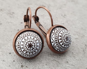 Brown earrings with Mosaic Cabochons, copper, 12mm