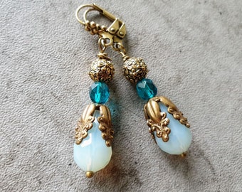 Victorian earrings glass beads with bronze-colored elements, imitation moonstone teardrop