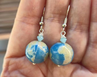 Globe earrings, world, earth, planet, turquoise, brown, blue