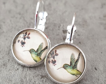 Pendientes con colibrí, pájaro, naturaleza, verde, plata, 12 mm