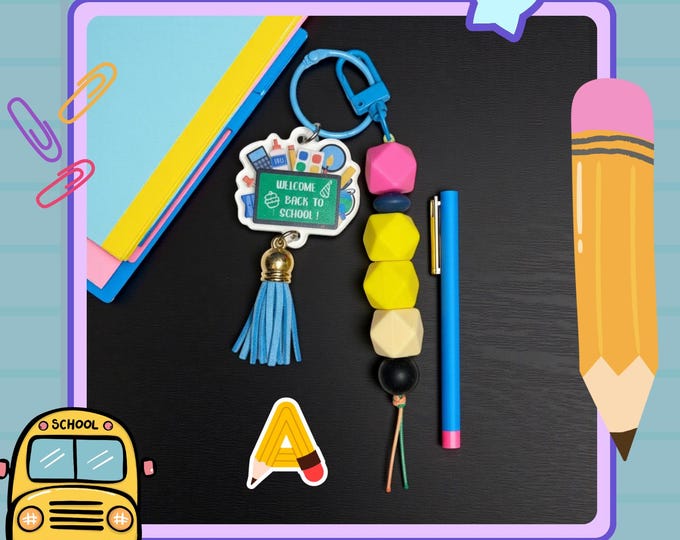 Featured listing image: Beaded Back-To-School Keychains with Acrylic Charm | Bag Charm | Backpack Charm | Unique Gift Idea