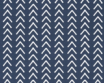 May include: White chevron pattern on a dark blue fabric. The fabric is a woven cotton blend.